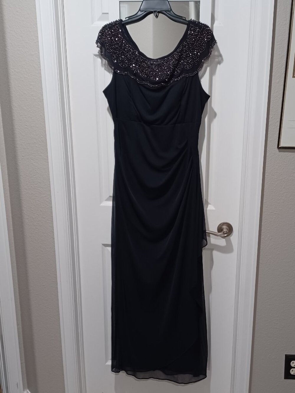 Navy Ankle Length Dress with Beaded Collar